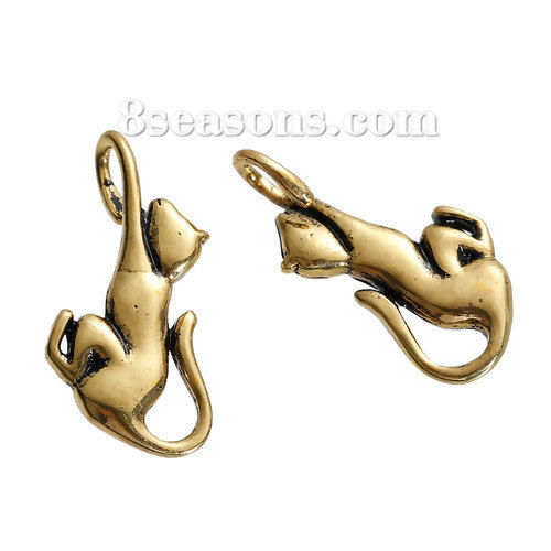 Picture of Brass Hook Clasps Cat Gold Tone Antique Gold 27mm(1 1/8") x 13mm( 4/8"), 2 PCs