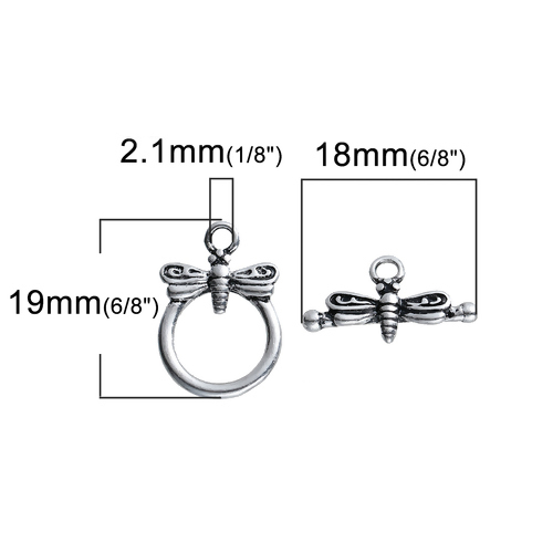 Bild von Messing Knebelverschluss Rund Antiksilber mit Libelle Muster 18mm x 10mm, 19mmx 13mm, 2 Sets