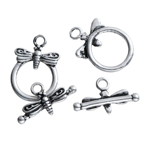 Bild von Messing Knebelverschluss Rund Antiksilber mit Libelle Muster 18mm x 10mm, 19mmx 13mm, 2 Sets