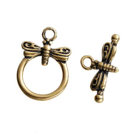 Picture of Brass Toggle Clasps Round Gold Tone Antique Gold Dragonfly Carved 19mm x13mm( 6/8" x 4/8") 18mm x10mm( 6/8" x 3/8"), 2 Sets