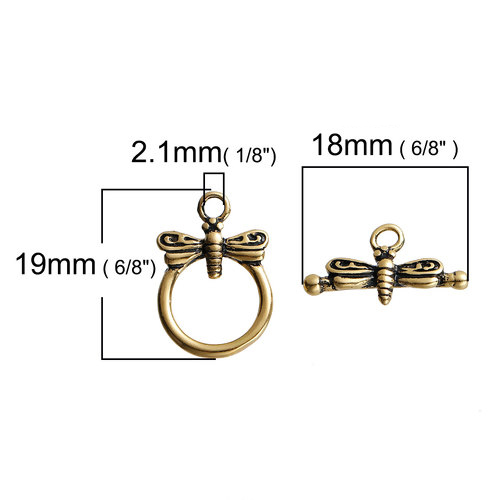 Picture of Brass Toggle Clasps Round Gold Tone Antique Gold Dragonfly Carved 19mm x13mm( 6/8" x 4/8") 18mm x10mm( 6/8" x 3/8"), 2 Sets