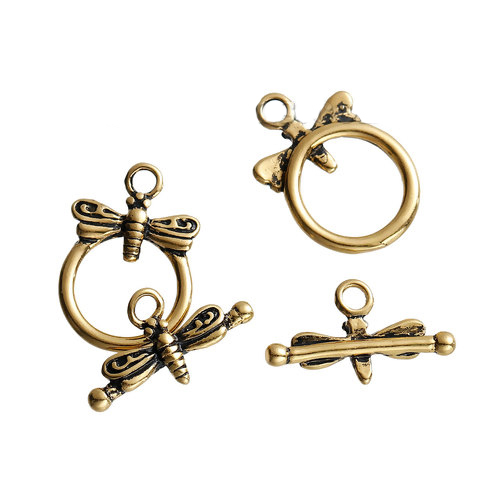 Picture of Brass Toggle Clasps Round Gold Tone Antique Gold Dragonfly Carved 19mm x13mm( 6/8" x 4/8") 18mm x10mm( 6/8" x 3/8"), 2 Sets