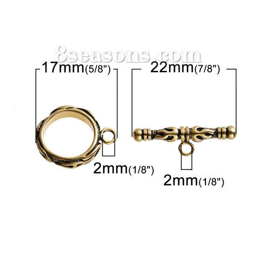 Picture of Brass Toggle Clasps Round Gold Tone Antique Gold Flame Fire Carved 17mm x14mm( 5/8" x 4/8") 22mm x7mm( 7/8" x 2/8"), 2 Sets