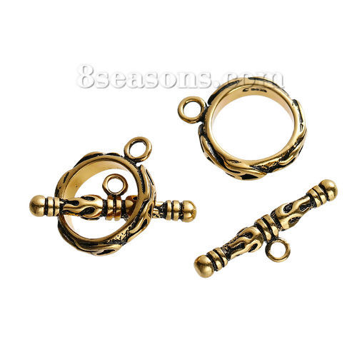 Picture of Brass Toggle Clasps Round Gold Tone Antique Gold Flame Fire Carved 17mm x14mm( 5/8" x 4/8") 22mm x7mm( 7/8" x 2/8"), 2 Sets