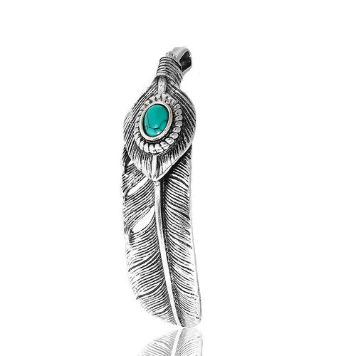 Image de Pendentif en Laiton Plume Argent Vieilli Turquoise Imitation 54mm x 15mm, 1 Pièce