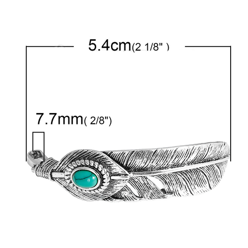 Image de Pendentif en Laiton Plume Argent Vieilli Turquoise Imitation 54mm x 15mm, 1 Pièce