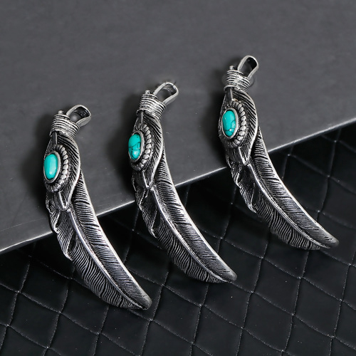 Image de Pendentif en Laiton Plume Argent Vieilli Turquoise Imitation 54mm x 15mm, 1 Pièce