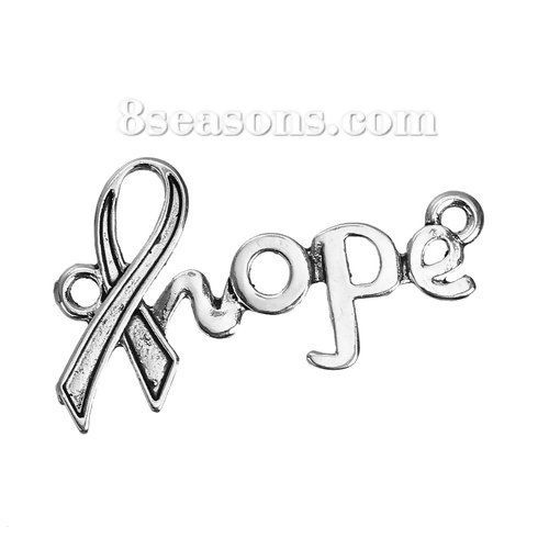 Picture of Zinc Based Alloy Connectors Findings Ribbon Antique Silver Color Message " Hope " Carved 35mm x 21mm, 10 PCs