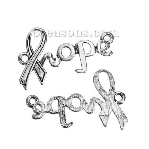 Picture of Zinc Based Alloy Connectors Findings Ribbon Antique Silver Color Message " Hope " Carved 35mm x 21mm, 10 PCs