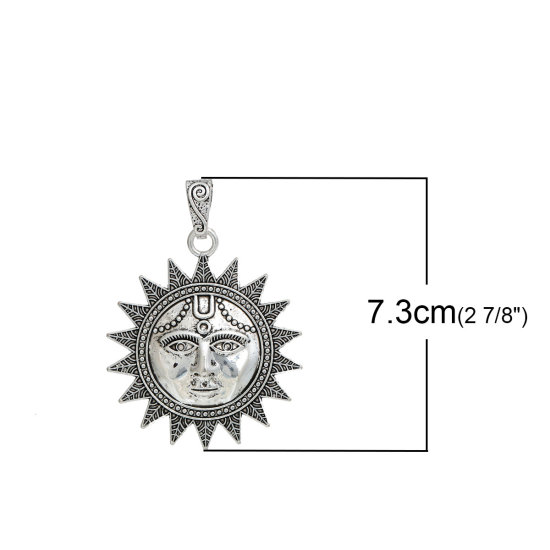 Изображение Богемный стиль Цинковый Сплав Подвески Солнце Античное Серебро 73мм x 53мм, 2 ШТ