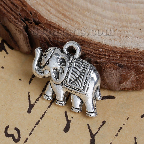 Picture of Zinc Based Alloy 3D Boho Chic Charms Elephant Animal Antique Silver Color 19mm( 6/8") x 16mm( 5/8"), 20 PCs