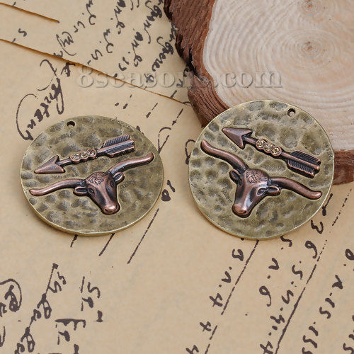 Picture of Zinc Based Alloy Hammered Boho Chic Pendants Round Disc Antique Bronze Arrow Tau Clear Rhinestone 41mm(1 5/8") Dia, 2 PCs