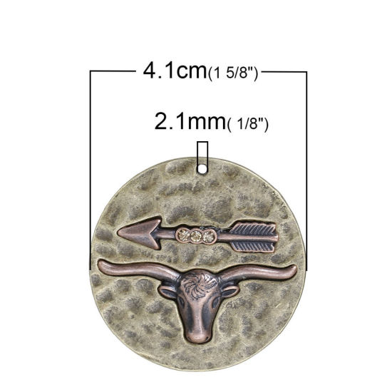Picture of Zinc Based Alloy Hammered Boho Chic Pendants Round Disc Antique Bronze Arrow Tau Clear Rhinestone 41mm(1 5/8") Dia, 2 PCs