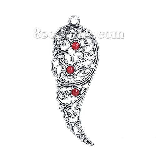 Picture of Zinc Based Alloy Pendants Angel Wing Antique Silver Color Wine Red 85mm(3 3/8") x 30mm(1 1/8"), 2 PCs