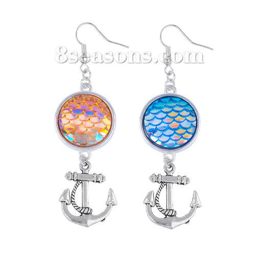 Picture of Resin Mermaid Fish/ Dragon Scale Earrings Antique Silver Color Anchor AB Color 73mm(2 7/8") x 21mm( 7/8"), Post/ Wire Size: (21 gauge), 1 Pair
