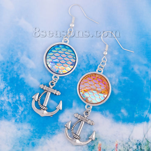 Picture of Resin Mermaid Fish/ Dragon Scale Earrings Antique Silver Color Anchor AB Color 73mm(2 7/8") x 21mm( 7/8"), Post/ Wire Size: (21 gauge), 1 Pair