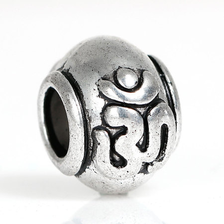 Image de Perles à Gros Trou au Style Européen Yoga en Alliage de Zinc Tambour Argent Vieilli Yoga OM 14mm x 13mm, Taille de Trou: 5.4mm, 5 Pcs