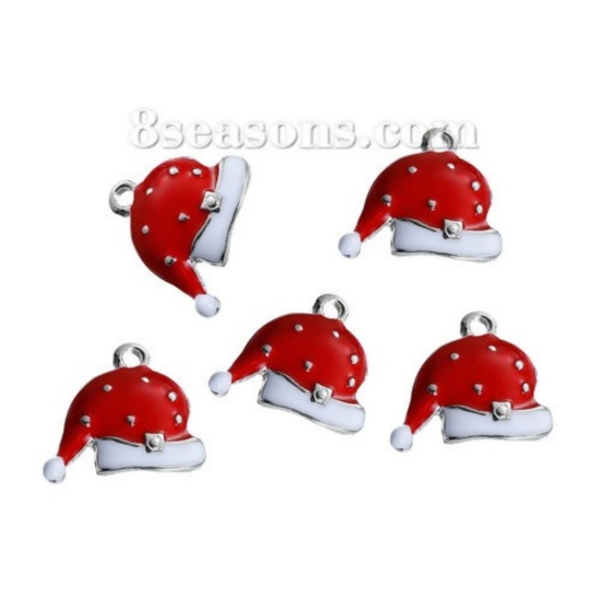 Bild von Zinklegierung Charms Weihnachten Mütze Silberfarbe Weiß & Rot Emaille 18mm x 15mm, 5 Stücke