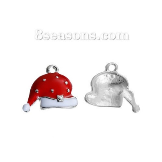 Bild von Zinklegierung Charms Weihnachten Mütze Silberfarbe Weiß & Rot Emaille 18mm x 15mm, 5 Stücke