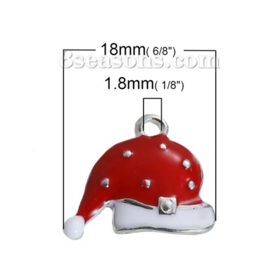 Bild von Zinklegierung Charms Weihnachten Mütze Silberfarbe Weiß & Rot Emaille 18mm x 15mm, 5 Stücke