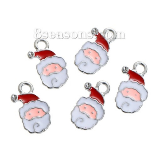 Picture of Zinc Based Alloy Charms Christmas Santa Claus Silver Tone White & Red (Can Hold ss4 Pointed Back Rhinestone) Enamel 17mm( 5/8") x 11mm( 3/8"), 10 PCs