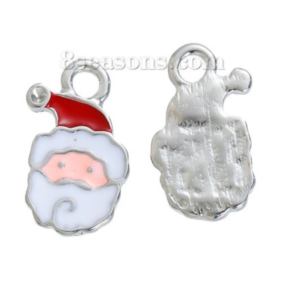 Picture of Zinc Based Alloy Charms Christmas Santa Claus Silver Tone White & Red (Can Hold ss4 Pointed Back Rhinestone) Enamel 17mm( 5/8") x 11mm( 3/8"), 10 PCs