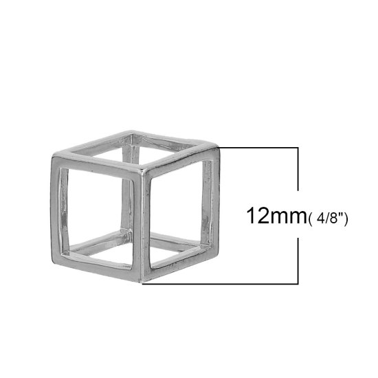 Image de Breloque 3D en Laiton Cube Géométrique Creux Argent Mat 12mm x 12mm, 2 Pcs