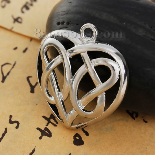 Picture of Brass Charms Heart Silver Tone Celtic Knot Hollow 27mm(1 1/8") x 25mm(1"), 3 PCs                                                                                                                                                                              