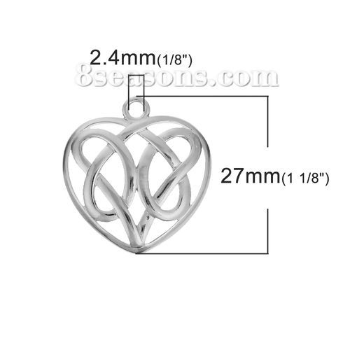 Bild von Messing Charms Herz Silberfarbe Keltisch Knoten Hohl 27mm x 25mm, 3 Stücke                                                                                                                                                                                    