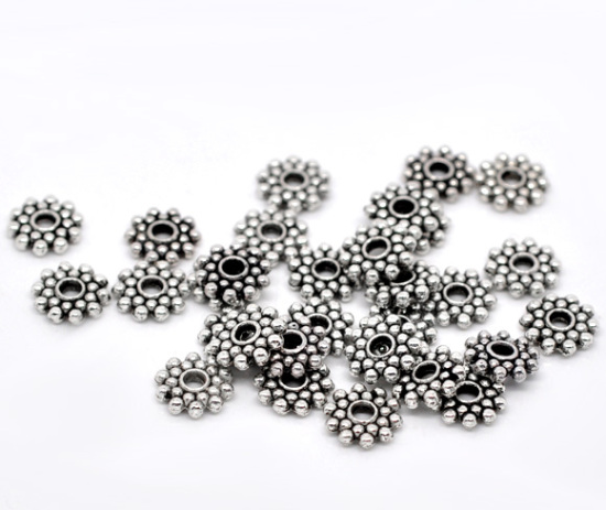 Picture of Zinc Based Alloy Spacer Beads Snowflake Flower Antique Silver Color About 8mm Dia, Hole:Approx 2mm, 100 PCs