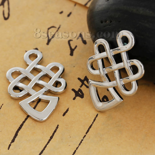 Image de Breloque en Laiton Poisson Nœuds Celtique Creux Argent Mat 26mm x 17mm, 3 Pcs