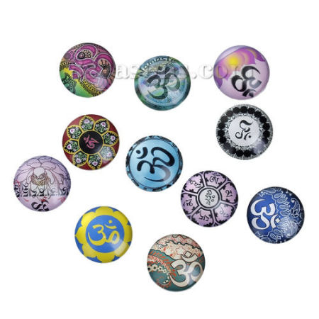 Picture of Glass Dome Seals Cabochon Round Flatback At Random Mixed Yoga Healing OM /Aum Symbol Transparent 18mm( 6/8") Dia, 10 PCs