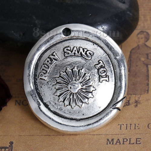 Picture of Zinc Based Alloy Wax Seal Pendants Round Disc Antique Silver Color Flower Message " RIEN SANS TOI " Carved 30mm(1 1/8") x 29mm(1 1/8"), 5 PCs