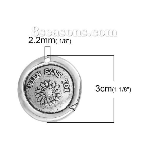 Picture of Zinc Based Alloy Wax Seal Pendants Round Disc Antique Silver Color Flower Message " RIEN SANS TOI " Carved 30mm(1 1/8") x 29mm(1 1/8"), 5 PCs