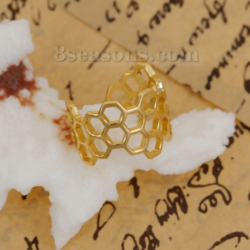 Picture of Brass Open Rings Gold Plated Hollow Honeycomb 16.5mm( 5/8")(US Size 6), 1 Piece                                                                                                                                                                               