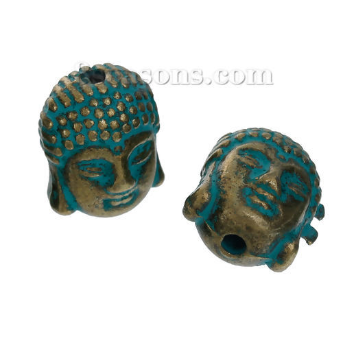 Image de Perles en Alliage de Zinc 3D Bouddha Patine Bronze Antique 11mm x 9mm, Taille de Trou: 1.7mm, 20 Pcs