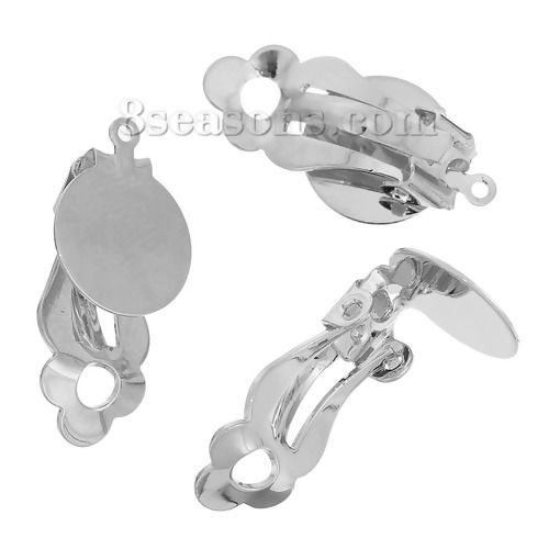Imagen de Clip de oreja Soporta a cabachones Latón de Ronda , Tono de Plata Cabochon Ajustes 12mm 22mm x 12mm, 10 Unidades