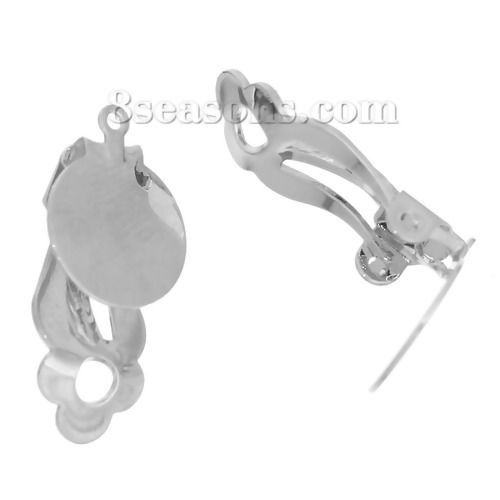 Imagen de Clip de oreja Soporta a cabachones Latón de Ronda , Tono de Plata Cabochon Ajustes 12mm 22mm x 12mm, 10 Unidades