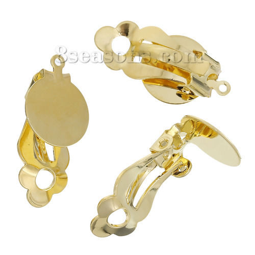 Picture of Brass Lever Back Clips Findings Round Gold Plated Cabochon Settings (Fit 12mm Dia.) With Loop 22mm( 7/8") x 12mm( 4/8"), 10 PCs                                                                                                                               