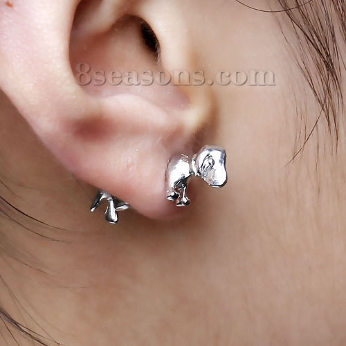 Picture of 3D Double Sided Ear Post Stud Earrings Silver Tone Dog Animal 25mm(1") x 9mm( 3/8"), Post/ Wire Size: (21 gauge), 2 PCs