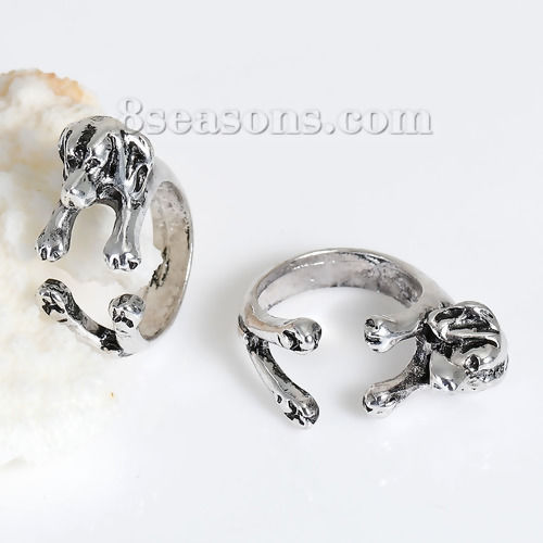 Picture of 3D Open Wrap Rings Antique Silver Color Labrador Retriever Animal 14.7mm( 5/8")(US size 3.75), 1 Piece