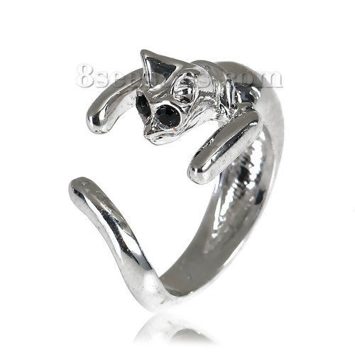 Picture of 3D Open Wrap Rings Silver Tone Black Rhinestone Cat 18.1mm( 6/8")(US Size 7.75) , 1 Piece