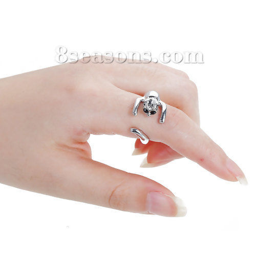 Picture of 3D Open Wrap Rings Silver Tone Black Rhinestone Cat 18.1mm( 6/8")(US Size 7.75) , 1 Piece
