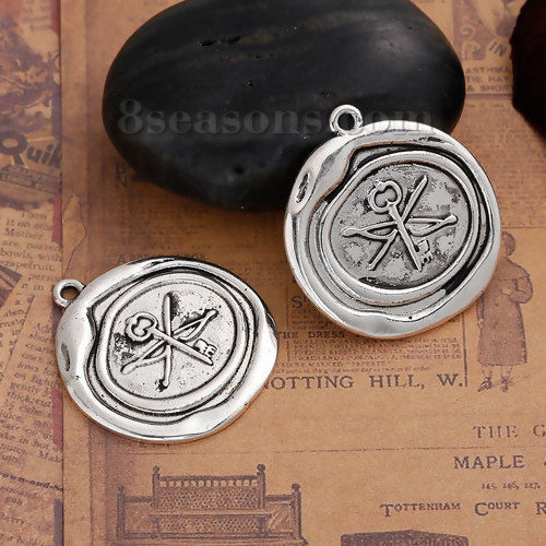 Picture of Zinc Based Alloy Wax Seal Pendants Irregular Antique Silver Color Key Bow And Arrow 33mm(1 2/8") x 30mm(1 1/8"), 5 PCs