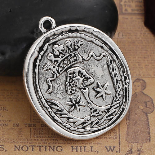 Picture of Zinc Based Alloy Wax Seal Pendants Irregular Antique Silver Color Crown Tree 36mm(1 3/8") x 29mm(1 1/8"), 3 PCs