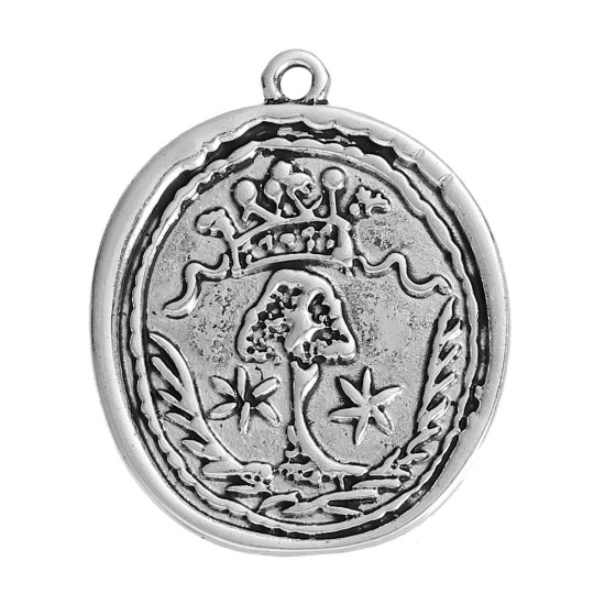 Picture of Zinc Based Alloy Wax Seal Pendants Irregular Antique Silver Color Crown Tree 36mm(1 3/8") x 29mm(1 1/8"), 3 PCs