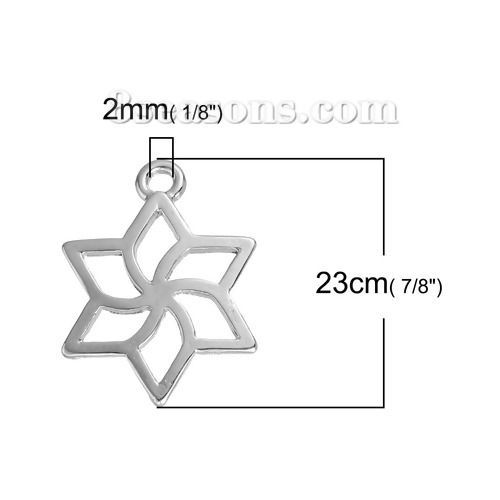 Picture of Zinc Based Alloy Religious Jewelry Star Of David Charms Silver Tone Flower Carved Hollow 23mm( 7/8") x 17mm( 5/8"), 20 PCs