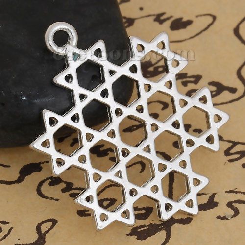 Imagen de Zamak Joyería Religiosa Estrella de David Colgantes Tono de Plata Hueco 38mm x 30mm, 10 Unidades
