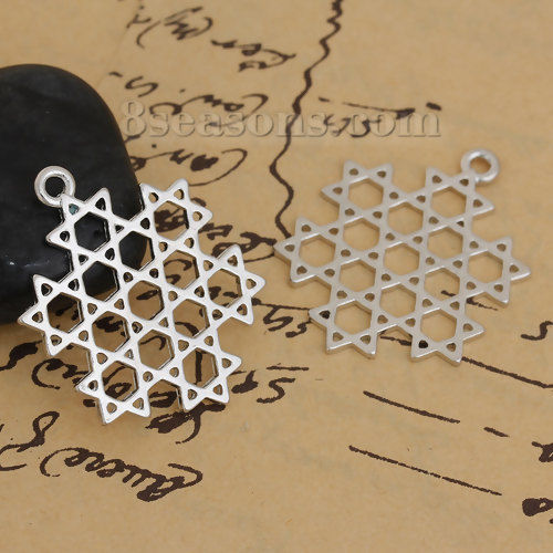 Imagen de Zamak Joyería Religiosa Estrella de David Colgantes Tono de Plata Hueco 38mm x 30mm, 10 Unidades