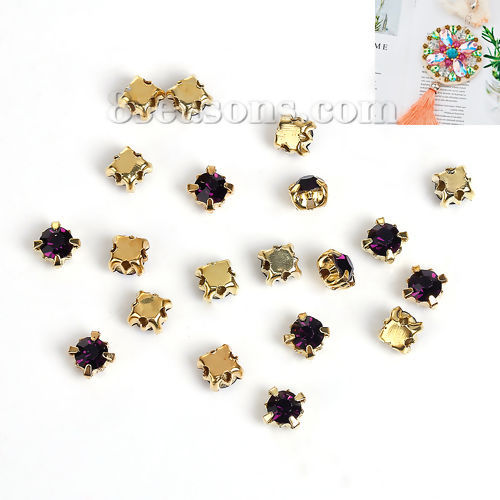 Picture of Iron Based Alloy Sew On Rhinestone Square Gold Plated Dark Purple 4mm( 1/8") x 4mm( 1/8"), 200 PCs